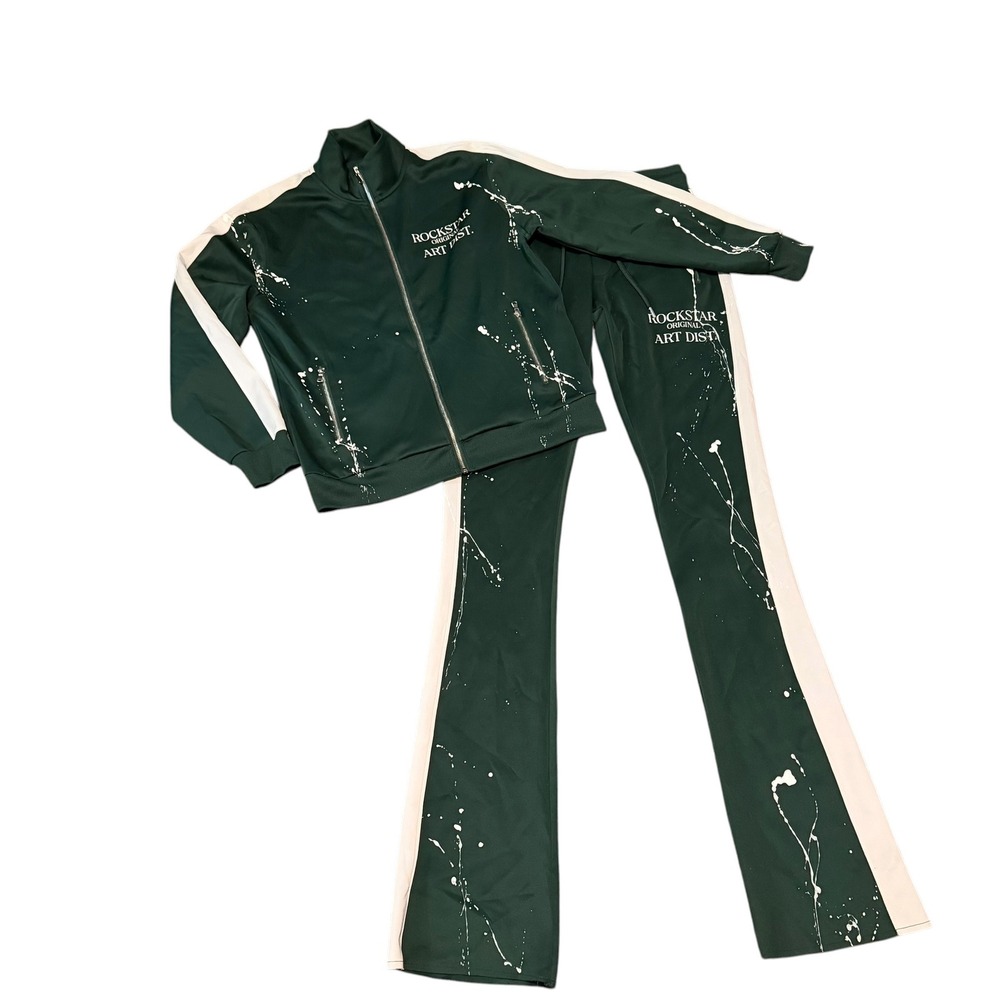 Rockstar Original Art Dist Track Suit Green Paint Splatter Flared Set Mens L
